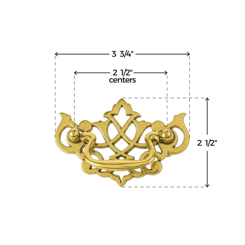 Chippendale Style Satin Brass Drawer Bail Pull For Antique Cabinets And Furniture Reproductions with size dimensions shown