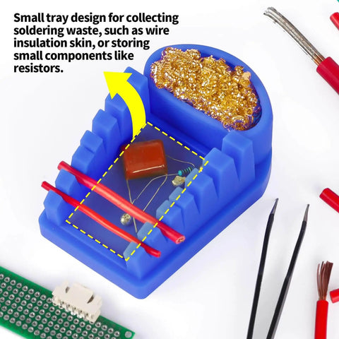 Blue Heat-Resistant Silicone Soldering Wire Holder With 6 Grooves, Brass Wool Cleaner, Storage Tray, Helping Hands Soldering Fixture For Wire Welding, Safe Hands-Free Soldering, Fits Wires 32-7AWG in use, showing tray and tools.