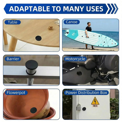 150 Piece Flexible Rubber Hole Plugs Kit In 9 Sizes shown in various applications, including table, canoe, barrier, motorcycle, flowerpot, and power box
