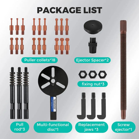 33 In 1 Blind Hole Bearing Puller Kit With Curved Hook And 6 Collet Sizes, showing components including collets, jaws, and spacers.