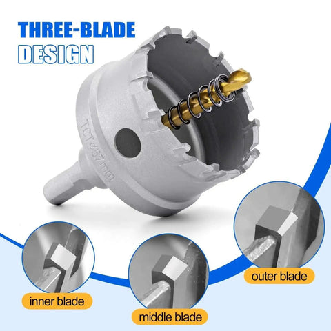 Carbide Hole Saw Kit For Metal 16 Pcs TCT Heavy Duty Hole Cutter Set 5/8 To 2 1/4 Inch showing three-blade design close-up