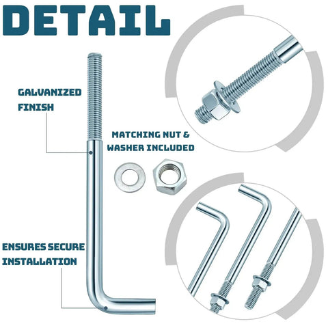 Galvanized J Bolt Anchor Set, 10 Pieces With Nuts And Washers, Concrete Fasteners For Foundation Walls, Slabs And Brick Projects