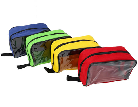 Color Coded First Aid Kit Pouches Set of 4 with Transparent Window for EMT Trauma Bags displayed in blue, green, yellow, red.