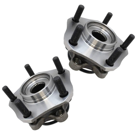 Two Piece Front Wheel Bearing And Hub Assembly Set For Driver And Passenger Sides Bolt On Easy Install Direct Fit Compatible With 2015 2018 Chevrolet City Express 2013 2019 Nissan NV200 2013 2019 Sentra And 2013 2017 Leaf, showing close-up of metal parts with bolts.