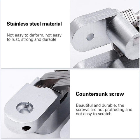 Close-up of Two Pack 1.77 Inch Hidden Cross Hinges Concealed Swing Hinges for Cabinets with rustproof zinc alloy and countersunk screws.