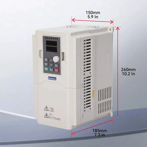 VFD 220V 7.5kW 32A 10HP Inverter Drive for CNC Spindle Motor, shown with dimensions 150mm x 260mm x 185mm.