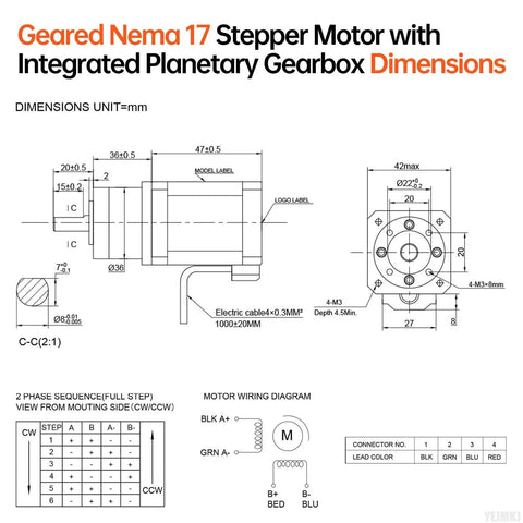 Technical diagram of Geared Nema 17 Stepper Motor with Integrated Planetary Gearbox showing dimensions and wiring