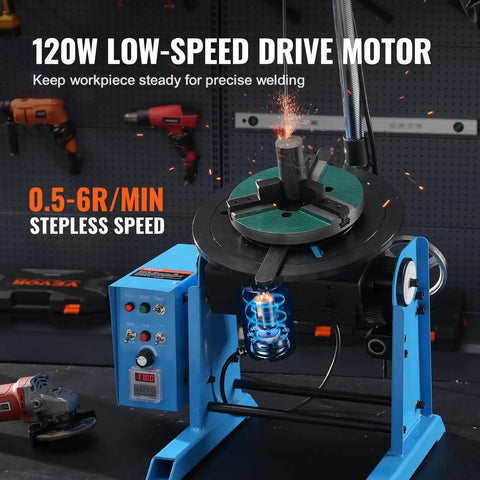 Rotary Welding Positioner 50Kg With 0 To 90 Degree Turntable, Low Speed 0.5 To 6 RPM, 120W Motor, visible on workbench with tools