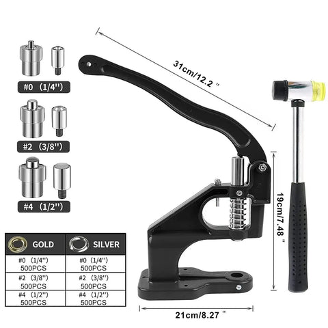 All In One Grommet Press Kit Heavy Duty Cast Iron Hand Press With Three Die Sets And 3000 Eyelets for grommet installation