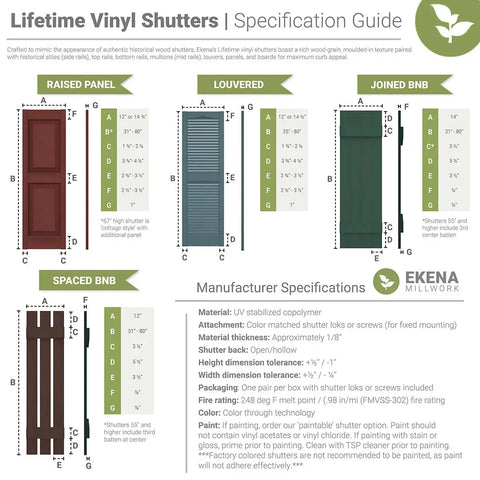 Specification guide for Lifetime Vinyl Shutters with various designs and dimensions by Ekena Millwork.