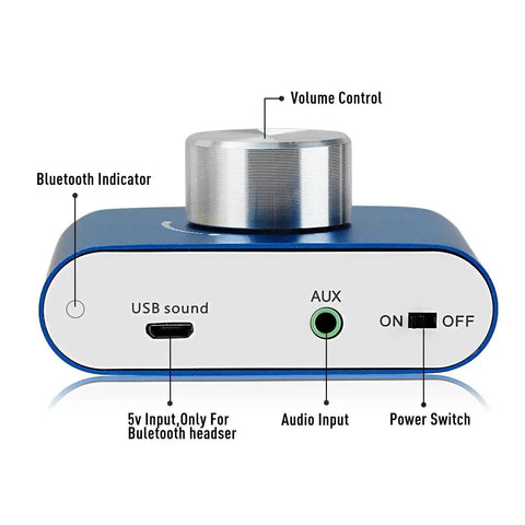 Front view of F900S 160W Mini Bluetooth 5.0 Power Amplifier with volume control, USB, AUX input, and power switch.