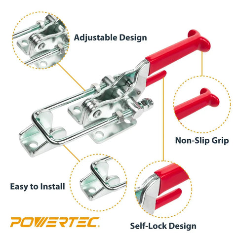 2 Pack Heavy Duty Toggle Clamps with 2000 lb holding capacity, adjustable self-lock U bolt, non-slip grip, close-up view