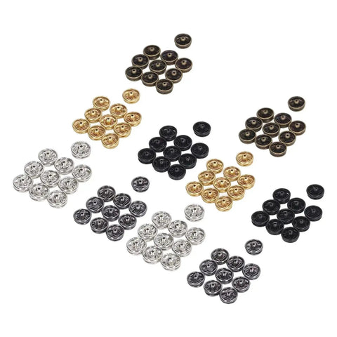 Metal Snap Buttons 5mm Sew On Replacement Kit 100pcs assorted silver, gold, and black on white background