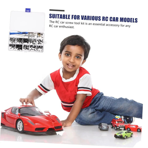 Child playing with toy cars next to RC Car Repair Tool Kit With Wrench, Screw And Fastener Set, bolt assortment in box