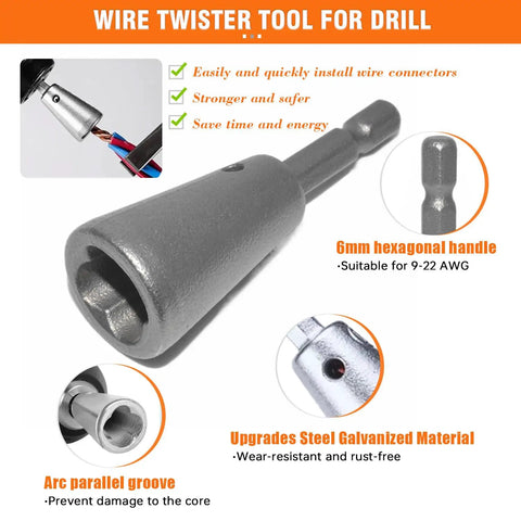 Heavy Duty Pro Grade Wire Nut Twister Kit for Drills, featuring a galvanized handle and arc parallel groove design.