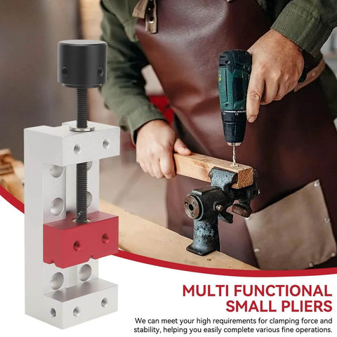 Compact Mini Drill Press Bench Vise Clamp 2 Inch Opening, 50mm Capacity, held by person during woodworking project