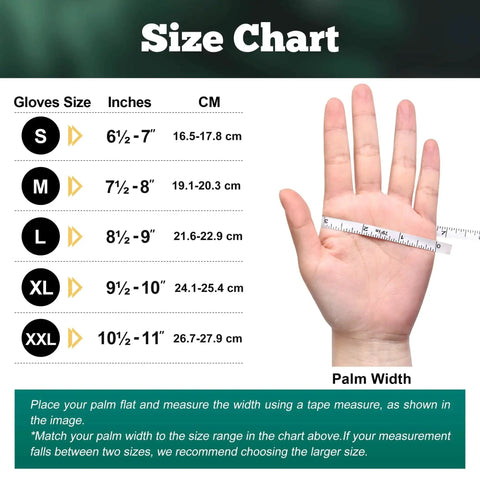 Size chart for Heavy Duty 8 Mil Nitrile Gloves With Raised Diamond Grip Dark Green Latex Free showing glove measurements.