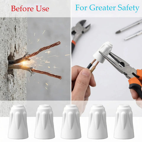 Five white ceramic wire connectors (porcelain nuts) for high-temp repairs; bare copper wires with pliers.