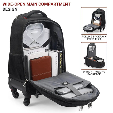 Underseat Rolling Backpack With Wheels For Air Travel Airline Approved Personal Item 18x14x8 open to show laptop and books