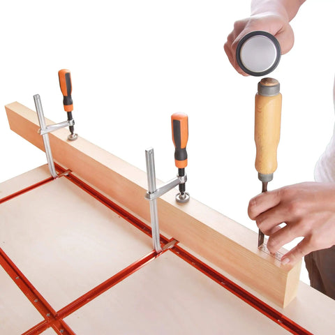 Track F Clamp For 3/8 x 3/4 Double Cut T-Track, 6 Inch Opening, being used in woodworking project