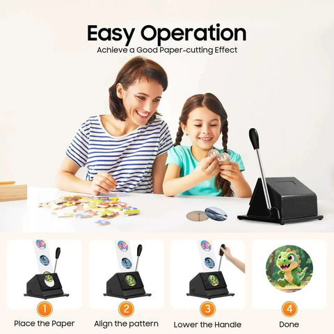 Mother and daughter using a 58mm Round Punch Die Cutter DIY Friendly Manual Paper Card Button Graphic Maker with steps below.