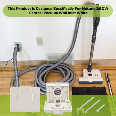 Pokin 360W central vacuum wall inlet valve with white wall plate cover, hose, wand, floor head, and screws.