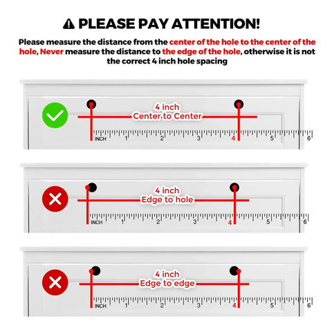 Diagram showing correct and incorrect hole spacing for 30 Pack 4 Inch Brushed Nickel Cabinet Pulls Square Handles For Kitchen Cabinets.