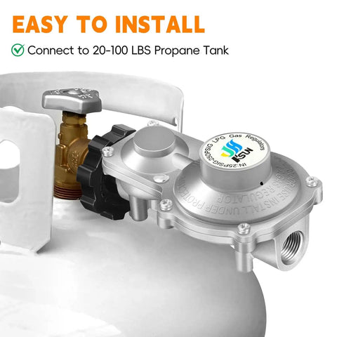 Two Stage Propane Regulator for RVs and Campers With Three Eighths Inch Female NPT and POL mounted on a propane tank