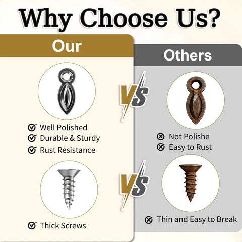 Comparison chart of gunmetal picture frame turn button fasteners and screws with our polished rust-resistant set versus others.