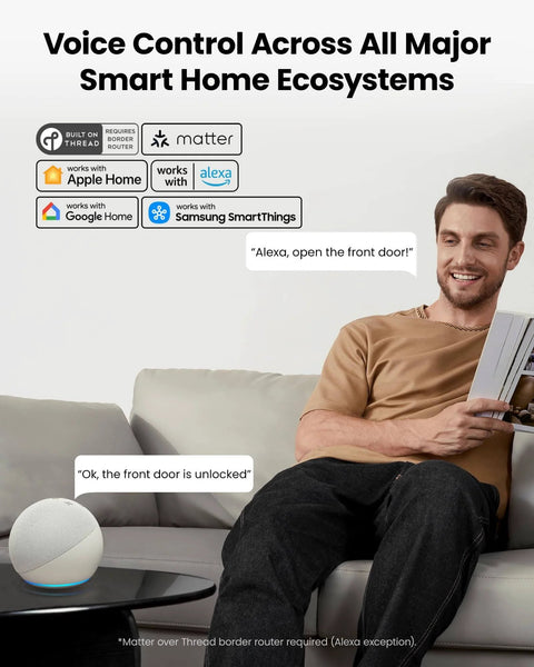 Person using voice control with smart home device to unlock front door via Alexa, displaying compatibility icons on a couch