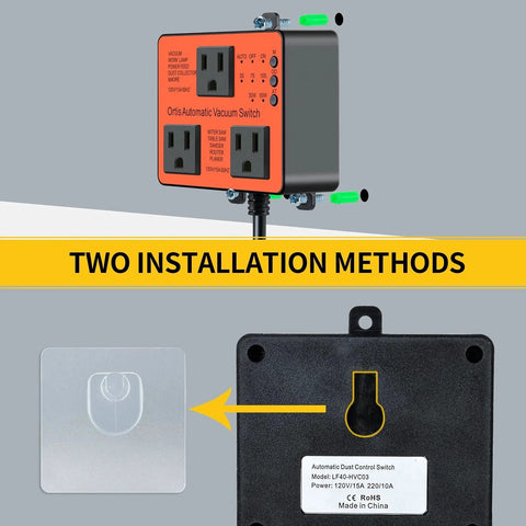 Front and back view of Automatic Vacuum Switch For Dust Control Autoswitch With Delay On Off By Ortis, showing installation methods.