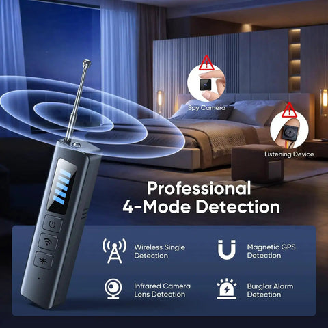Image of All In One Hidden Spy Camera Detector With RF Signal Scan And Infrared Lens Finder showing detection modes in a hotel room.