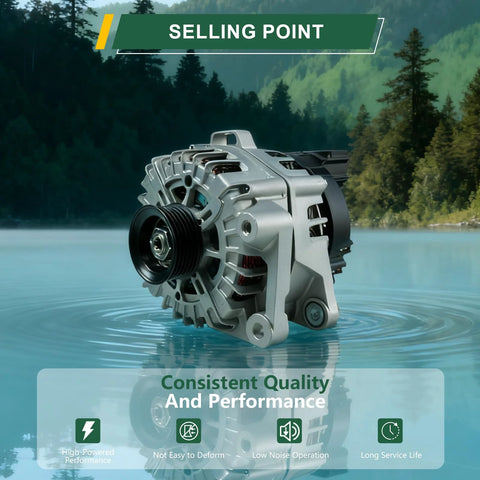 13.5V 180A Alternator Replacement For Hyundai Palisade 2020 2021 2022 2023 2024 2025 And Kia Telluride 2020 2021 2022 2023 2024 3.8L With Six Groove Pulley And Clockwise Rotation Brand New High Output Auto Part, displayed in front view.