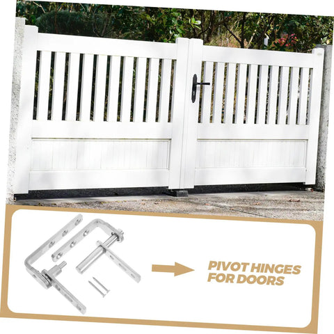 Pivot hinges for doors shown with white fence gate in outdoor setting.