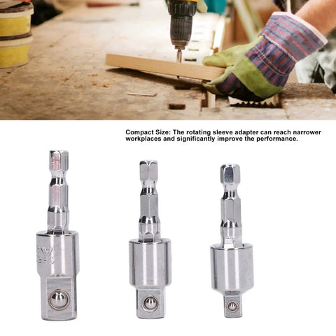 KANASI 3-piece chrome drill socket adapters with rotating sleeves and square heads for power tools