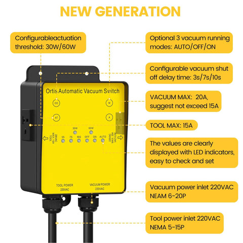 Automatic Vacuum Switch Ortis 220V dust collector controller, yellow panel with black housing and dual power cables