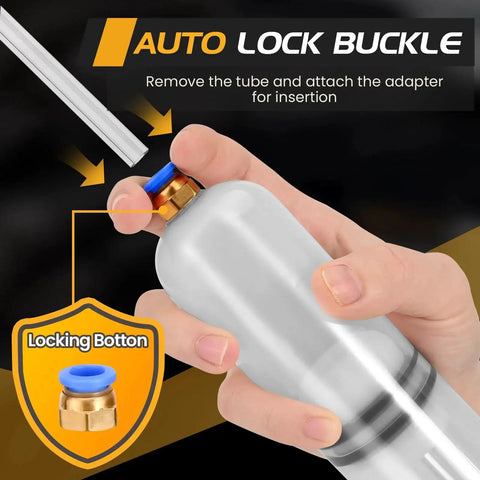 Close-up of Syringe Style Fluid Evacuator Pump 200cc With Dual Hoses For Oil Change showing auto lock buckle feature