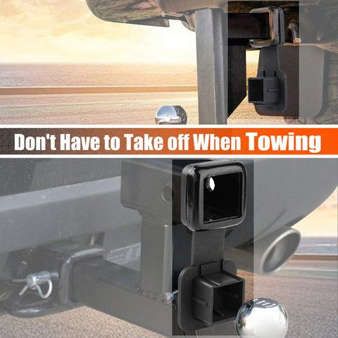 2 Inch Trailer Hitch Cover Plug Cap Insert Universal Fit Black Receiver Tube Cover for 2x2 Inch Hitches Class III IV V installed on trailer hitch.