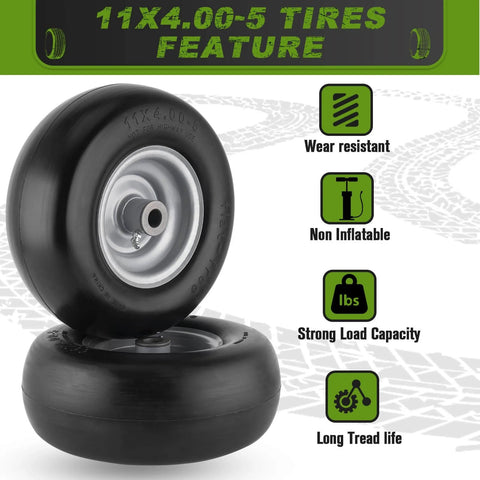 Flat Free 11x4.00-5 Lawn Mower Front Tires For Zero Turn Mowers With Solid Smooth Tread, 11x4-5 Size features listed