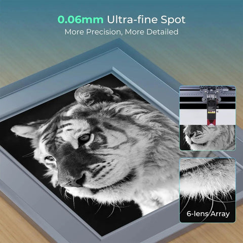 Falcon 10W Laser Engraver And Cutter With 72W Output 0.06mm Precision engraving a tiger image, highlighting precision.