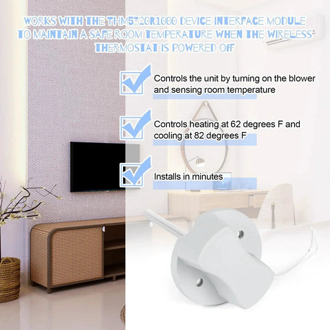 Honeywell Discharge Air Temperature Sensor C7735A1000 displayed with installation steps in a modern room setting.