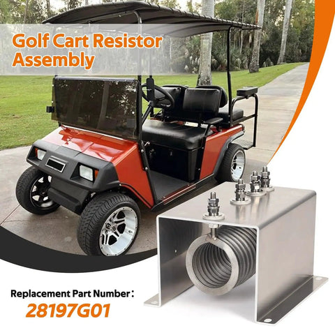 Golf cart resistor assembly with metal housing, coil, mounting flange, and terminal studs, shown beside a red golf cart.