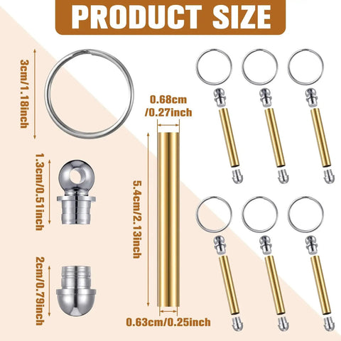 12 Piece Wood Turning Keychain Kit Set For DIYers And Woodworking Fans Includes Woodturning Mandrel And Accessories Perfect Gift For Carpenters And Hobbyists With 7mm Shank And Silver Finish shown in parts with dimensions