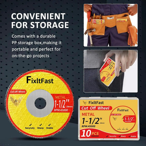 Packaging and storage of One And A Half Inch Fiberglass Reinforced Cut Off Wheels For Metal Cutting One Eighth Inch Thick Rotary Tool Discs With Mandrels Diamond Coated Pro Grade 11 Pack