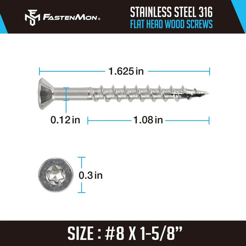 Diagram of Marine Grade 316 Stainless Steel Deck Screws For Outdoor Wood Projects with size measurements, flat head, T20 drive.