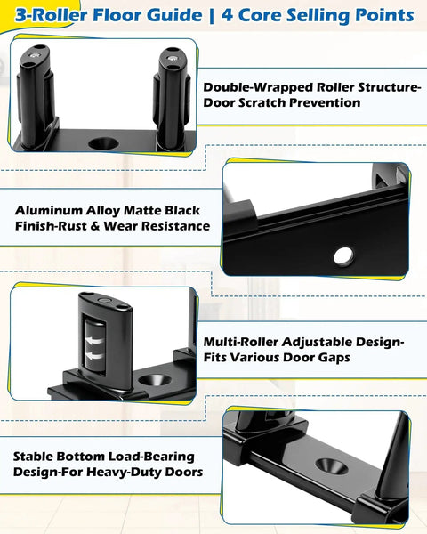 Three-Roller Adjustable Sliding Closet Door Floor Guide Upgrade Kit Bottom Mount For Bypass Double Bypass And Barn Doors One Pack Provides Ultra Smooth Gliding And Edge Protection For Door Panels, shown with features highlighted, including aluminum alloy matte finish and roller design.