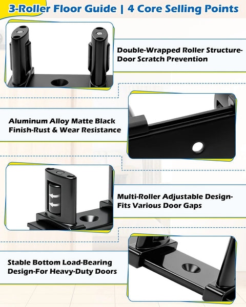 Three Roller Adjustable Sliding Closet Door Floor Guide Upgrade Kit Two Pack Black Bottom Mount For Bypass Double Bypass And Barn Doors Built For Ultra Smooth Glide Protects Panels From Scratches And Wear With Independent Adjustable Rollers
