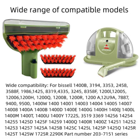 Little Green Machine handheld cleaner in green with detachable red-bristle brush heads (2) and hose