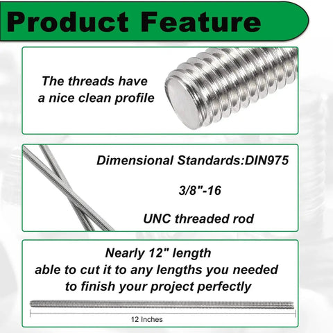 Close-up of Three Eighths Inch 16 UNC Stainless Steel Threaded Rod 12 Inch Pack of 2, showing thread profile and dimensional standards.