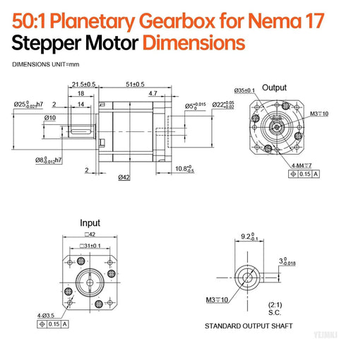 Technical drawing of 50 To 1 Planetary Gearbox For Nema 17 Stepper Motors With 8mm Output Shaft And 20 Arcmin Backlash, showing dimensions.